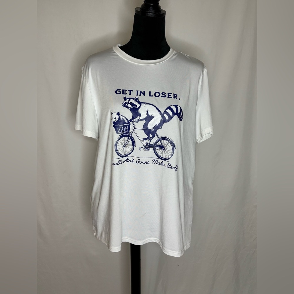 White Tee with Raccoon Graphic